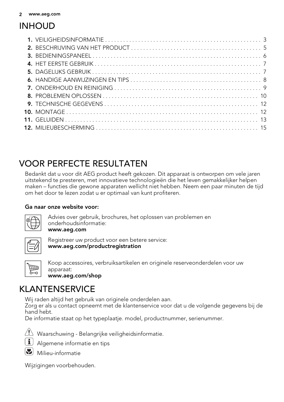 Inhoud, Voor perfecte resultaten, Klantenservice | AEG AGS58200F0 User Manual | Page 2 / 72