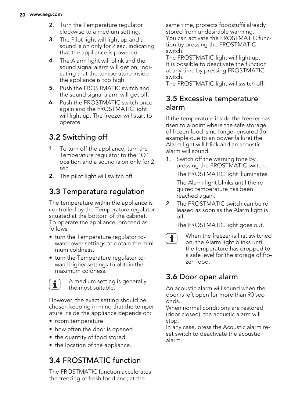 2 switching off, 3 temperature regulation, 4 frostmatic function | 5 excessive temperature alarm, 6 door open alarm | AEG AGS58200F0 User Manual | Page 20 / 72