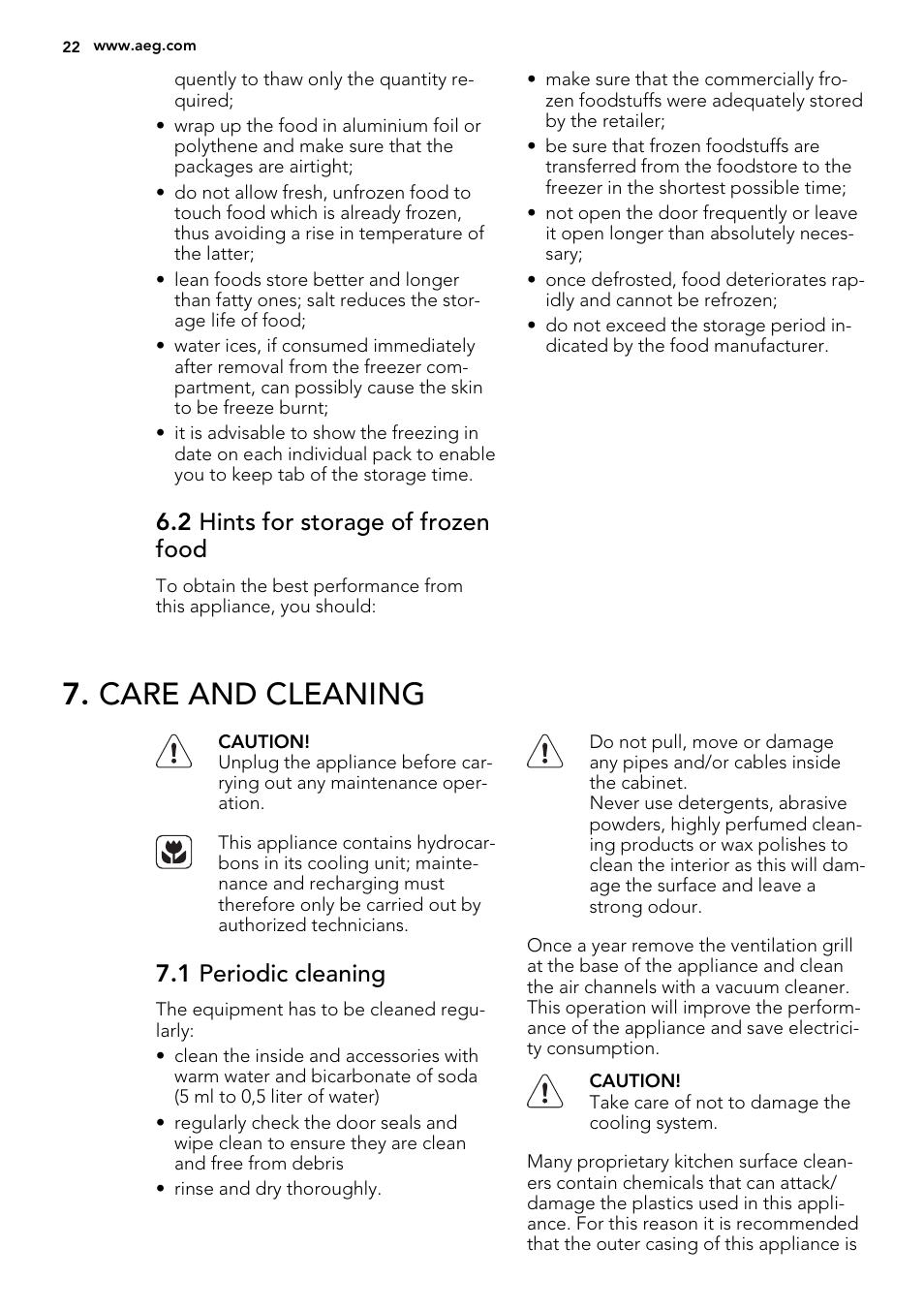 Care and cleaning, 2 hints for storage of frozen food, 1 periodic cleaning | AEG AGS58200F0 User Manual | Page 22 / 72