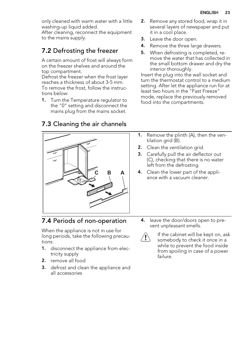 2 defrosting the freezer, 3 cleaning the air channels, 4 periods of non-operation | AEG AGS58200F0 User Manual | Page 23 / 72