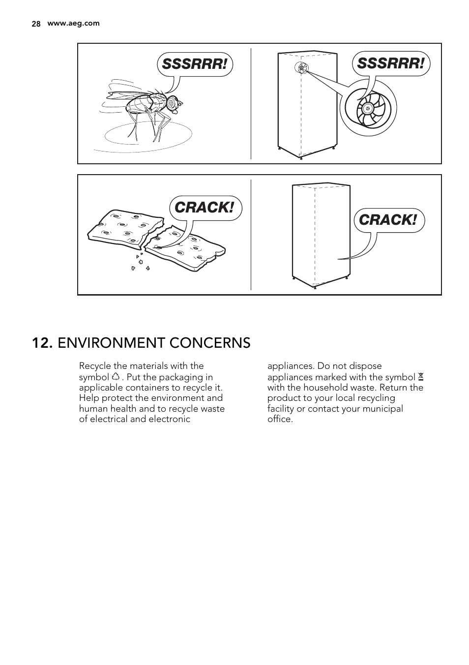 Sssrrr, Crack, Environment concerns | AEG AGS58200F0 User Manual | Page 28 / 72