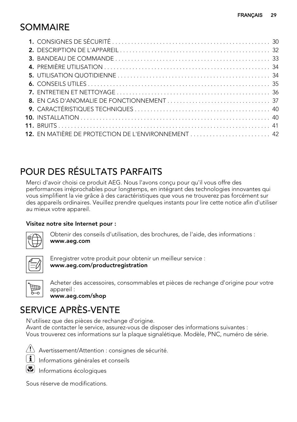 Sommaire, Pour des résultats parfaits, Service après-vente | AEG AGS58200F0 User Manual | Page 29 / 72