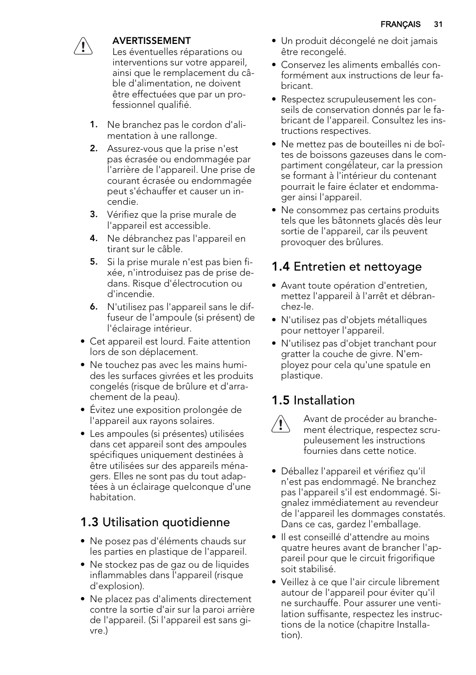 3 utilisation quotidienne, 4 entretien et nettoyage, 5 installation | AEG AGS58200F0 User Manual | Page 31 / 72