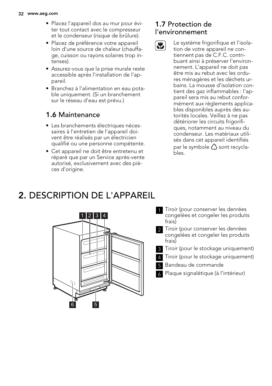 Description de l'appareil, 6 maintenance, 7 protection de l'environnement | AEG AGS58200F0 User Manual | Page 32 / 72