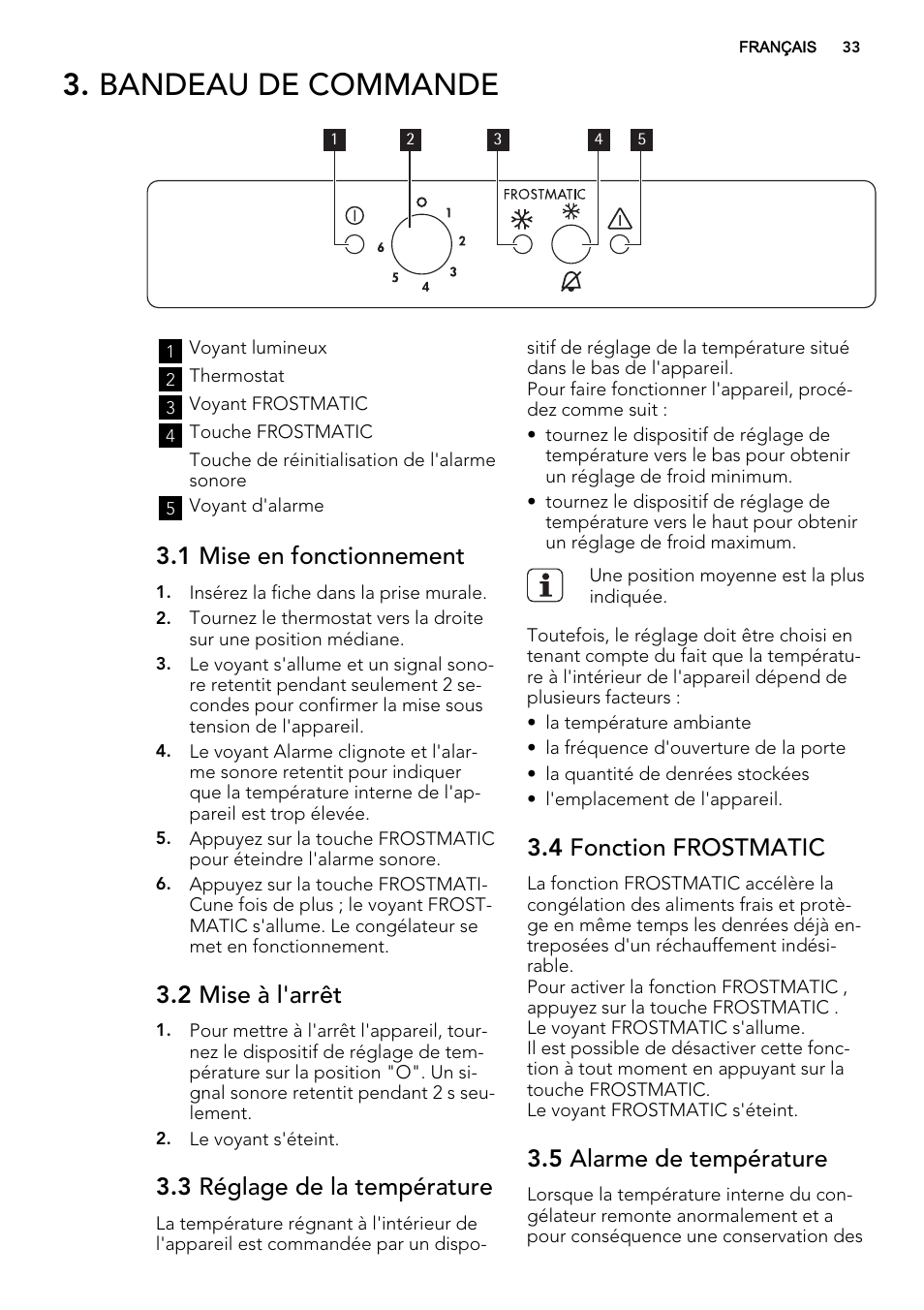 Bandeau de commande, 1 mise en fonctionnement, 2 mise à l'arrêt | 3 réglage de la température, 4 fonction frostmatic, 5 alarme de température | AEG AGS58200F0 User Manual | Page 33 / 72