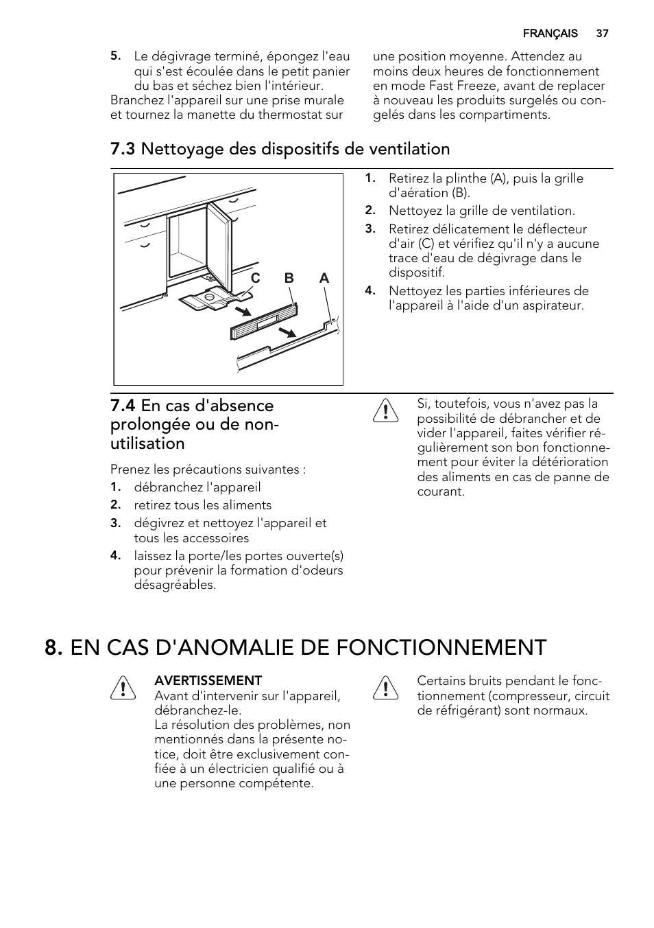En cas d'anomalie de fonctionnement, 3 nettoyage des dispositifs de ventilation | AEG AGS58200F0 User Manual | Page 37 / 72