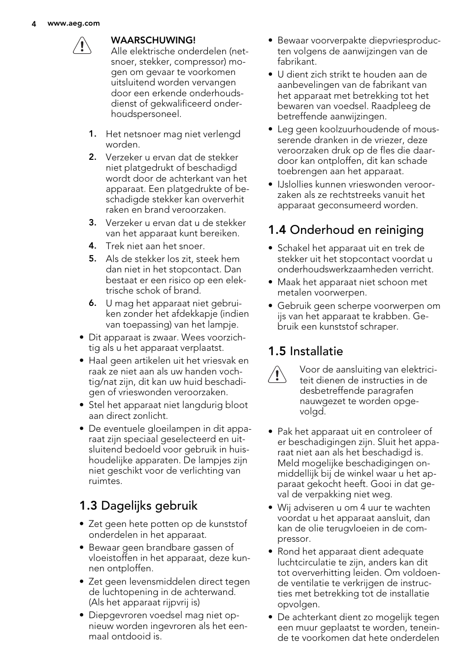 3 dagelijks gebruik, 4 onderhoud en reiniging, 5 installatie | AEG AGS58200F0 User Manual | Page 4 / 72