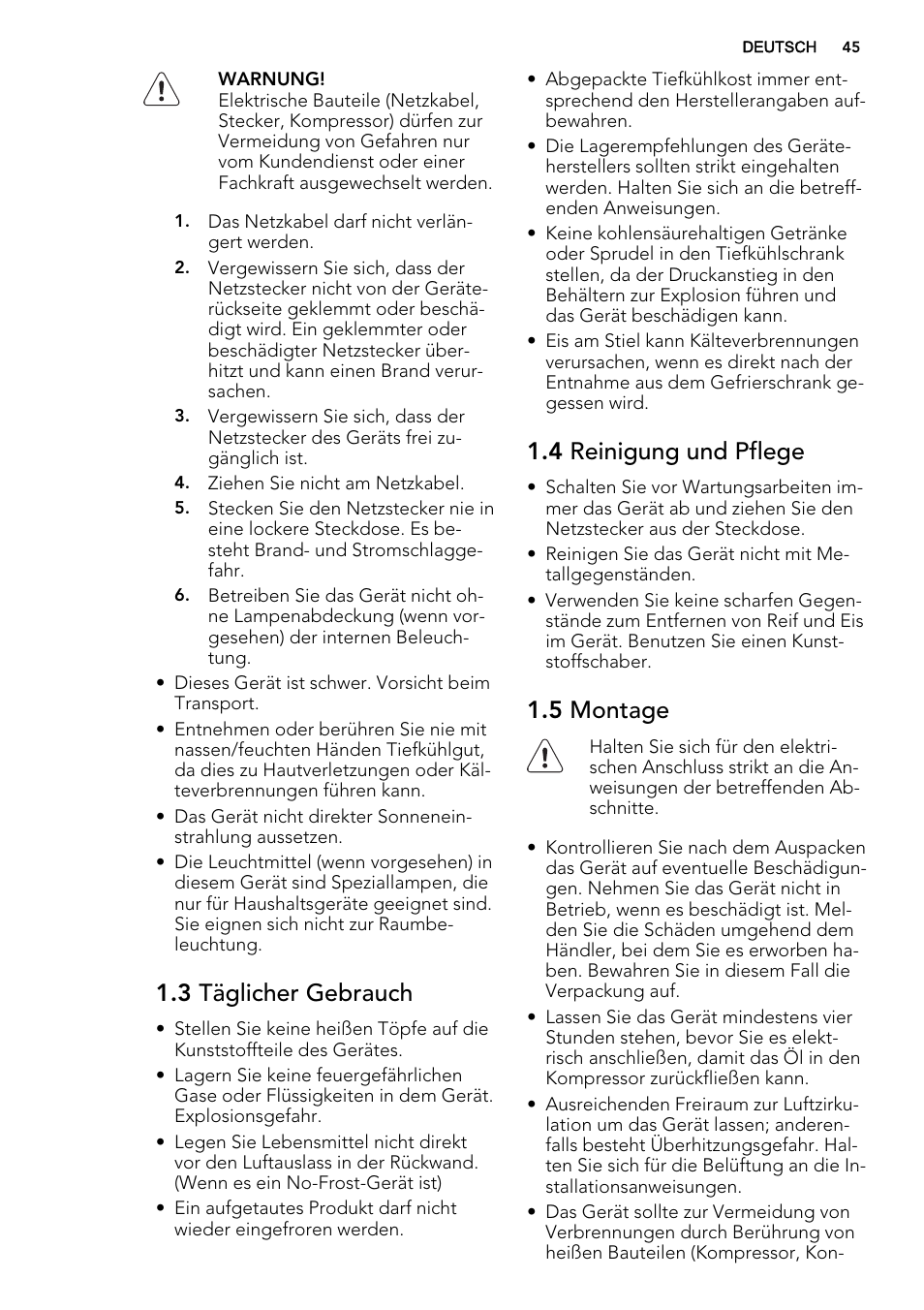 3 täglicher gebrauch, 4 reinigung und pflege, 5 montage | AEG AGS58200F0 User Manual | Page 45 / 72