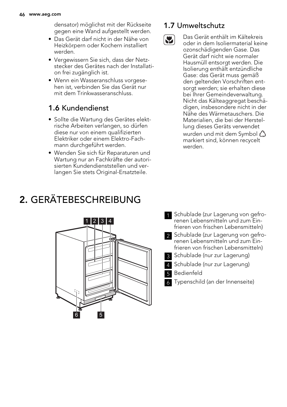 Gerätebeschreibung, 6 kundendienst, 7 umweltschutz | AEG AGS58200F0 User Manual | Page 46 / 72