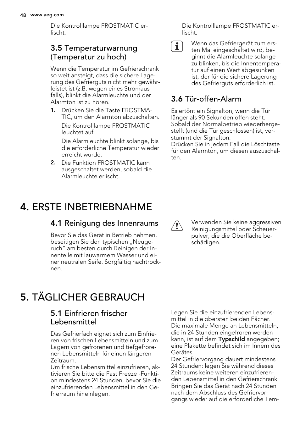 Erste inbetriebnahme, Täglicher gebrauch | AEG AGS58200F0 User Manual | Page 48 / 72