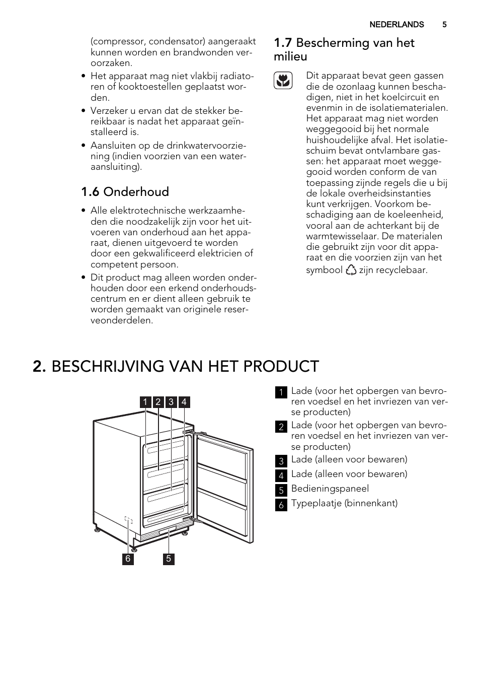 Beschrijving van het product, 6 onderhoud, 7 bescherming van het milieu | AEG AGS58200F0 User Manual | Page 5 / 72