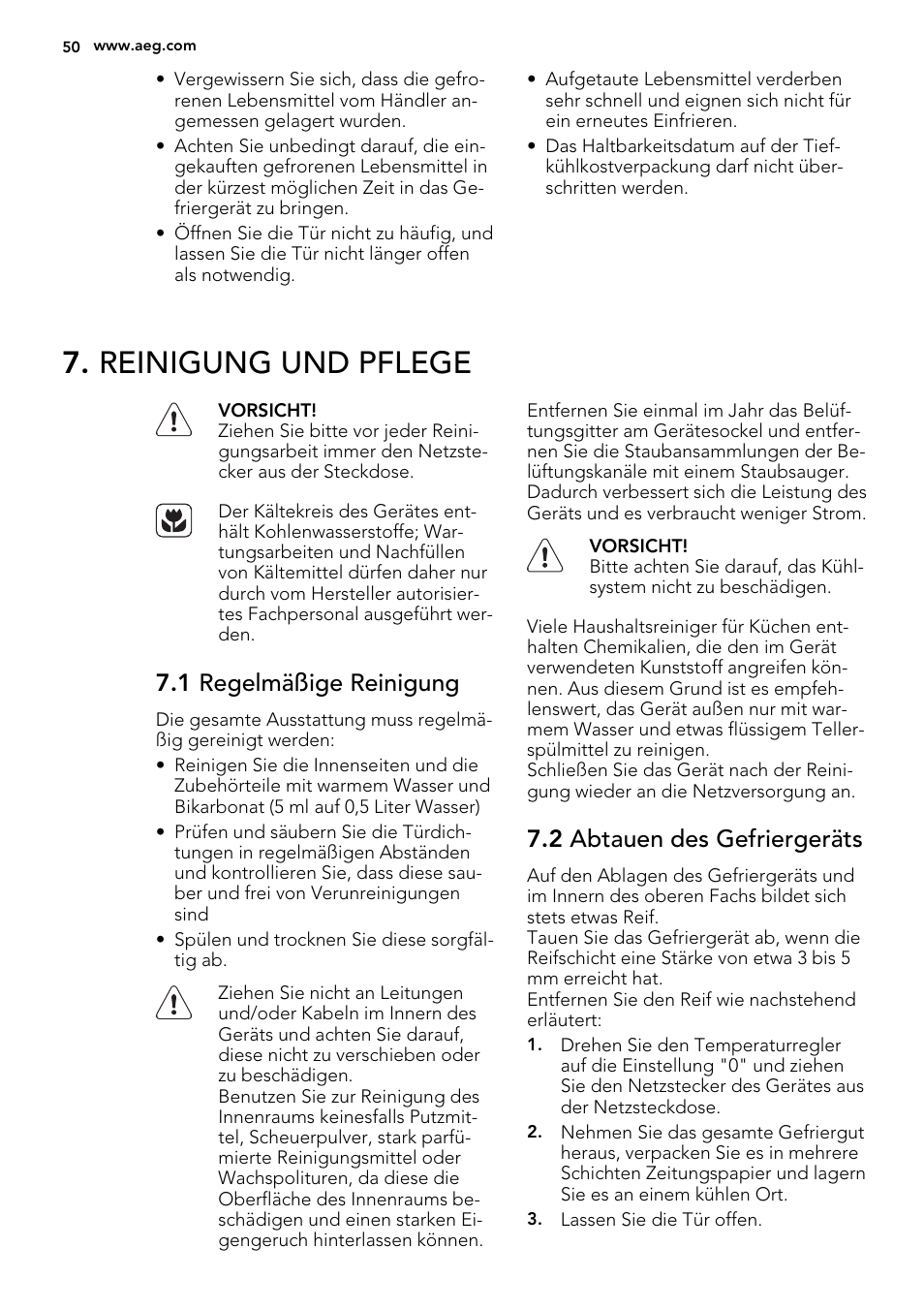 Reinigung und pflege, 1 regelmäßige reinigung, 2 abtauen des gefriergeräts | AEG AGS58200F0 User Manual | Page 50 / 72