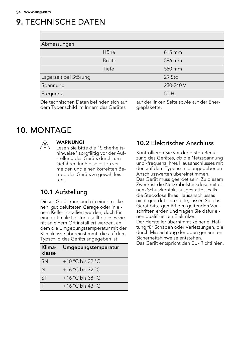 Technische daten, Montage, 1 aufstellung | 2 elektrischer anschluss | AEG AGS58200F0 User Manual | Page 54 / 72