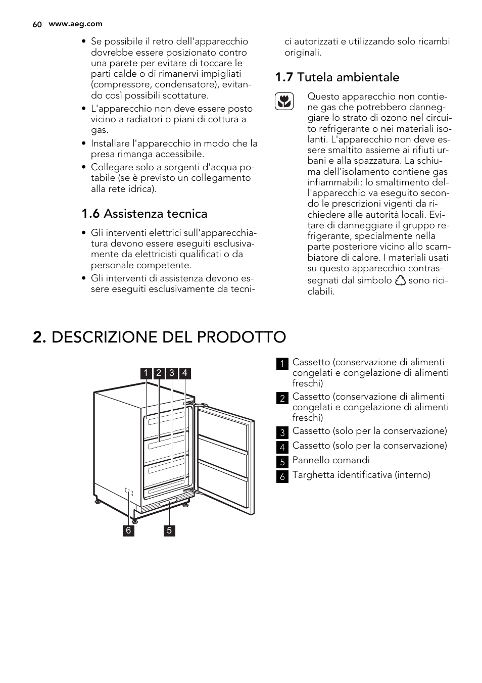 Descrizione del prodotto, 6 assistenza tecnica, 7 tutela ambientale | AEG AGS58200F0 User Manual | Page 60 / 72