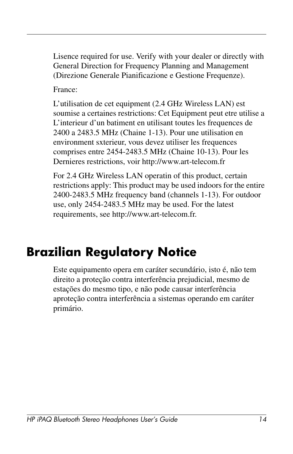 Brazilian regulatory notice | HP iPAQ hx2100 Pocket PC series User Manual | Page 14 / 16