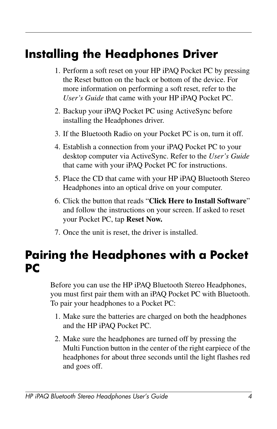 Installing the headphones driver, Pairing the headphones with a pocket pc | HP iPAQ hx2100 Pocket PC series User Manual | Page 4 / 16