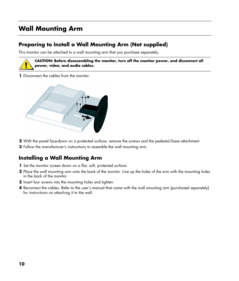 Wall mounting arm, Installing a wall mounting arm | HP v216 21.6 inch LCD Monitor User Manual | Page 10 / 30