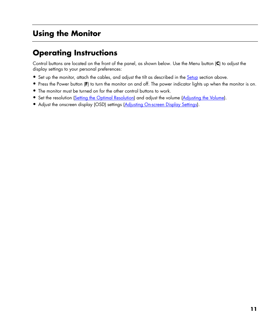Using the monitor, Operating instructions | HP v216 21.6 inch LCD Monitor User Manual | Page 11 / 30