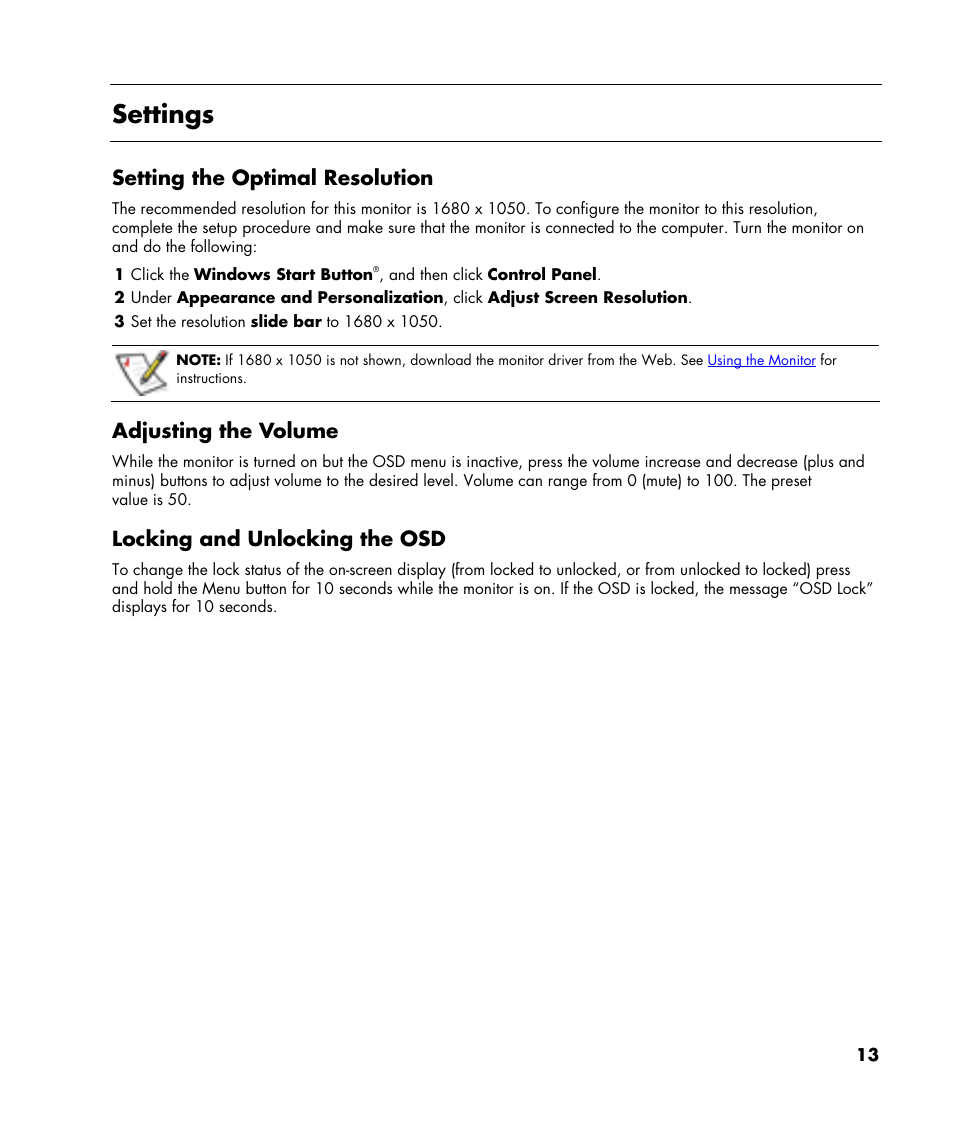 Settings, Setting the optimal resolution, Adjusting the volume | Locking and unlocking the osd, And a | HP v216 21.6 inch LCD Monitor User Manual | Page 13 / 30
