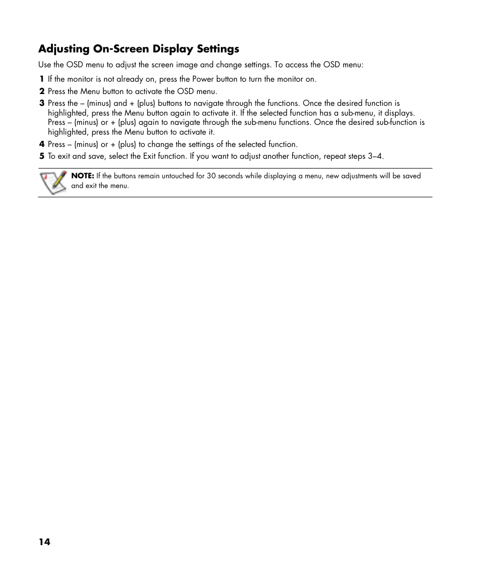 Adjusting on-screen display settings | HP v216 21.6 inch LCD Monitor User Manual | Page 14 / 30