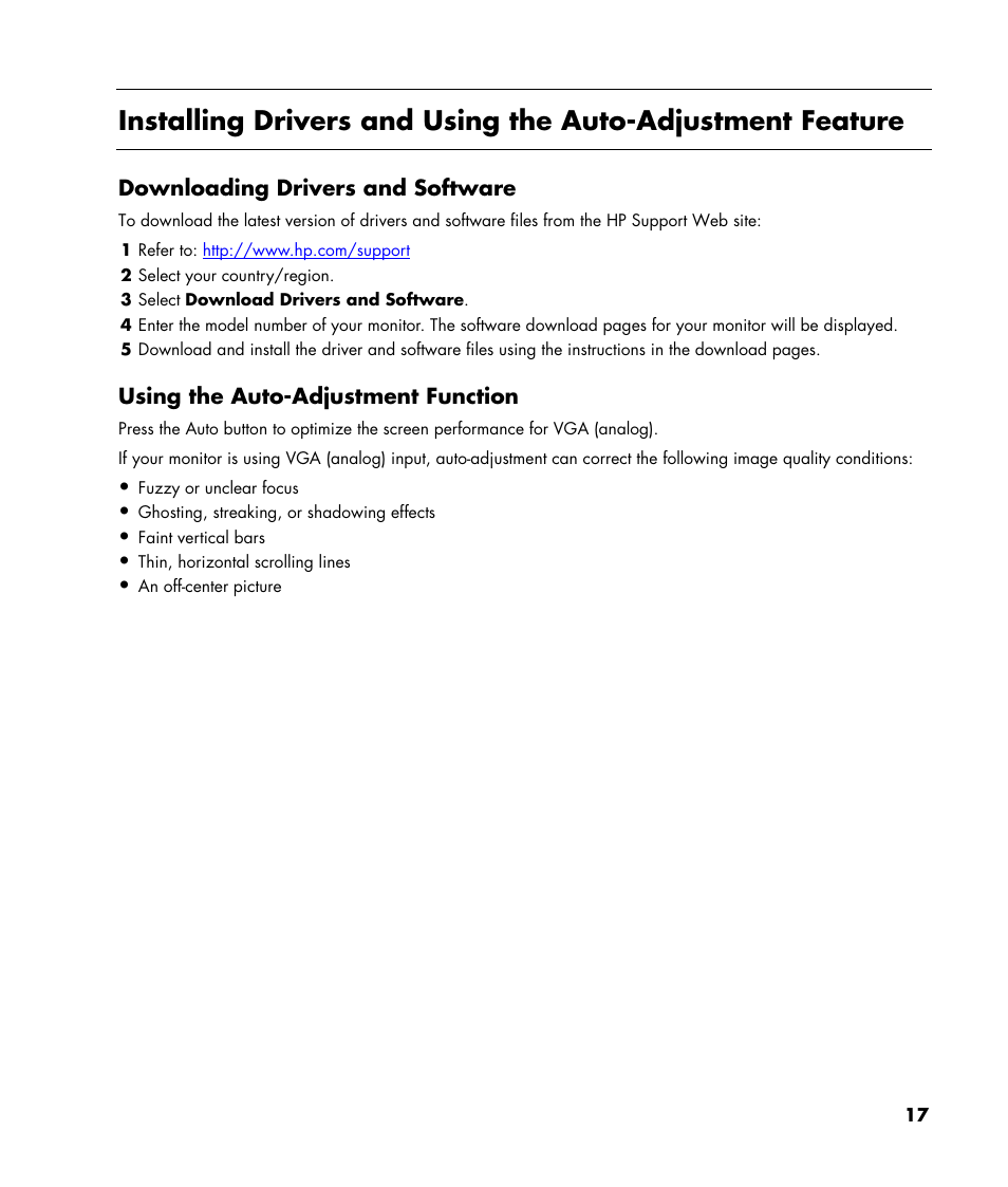 Downloading drivers and software, Using the auto-adjustment function | HP v216 21.6 inch LCD Monitor User Manual | Page 17 / 30