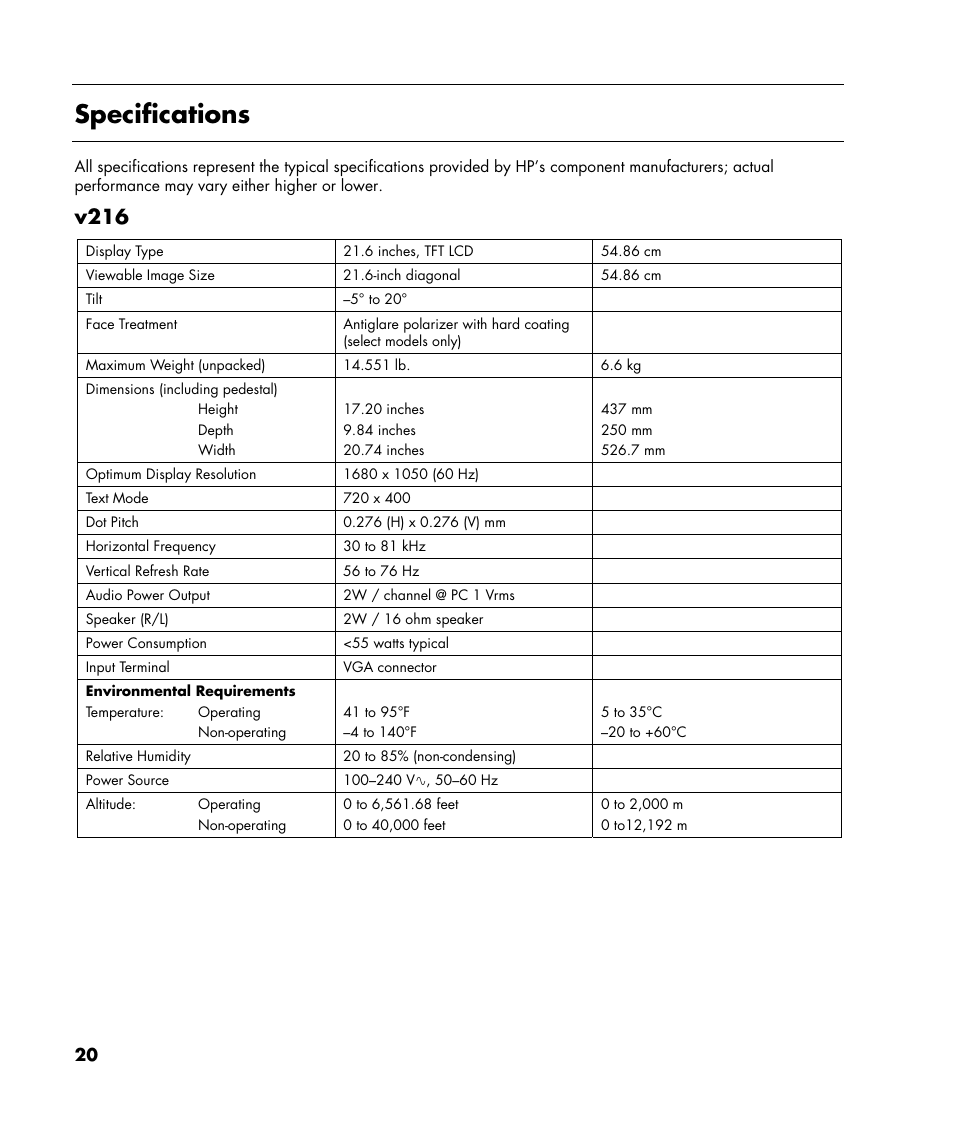 Specifications, V216 | HP v216 21.6 inch LCD Monitor User Manual | Page 20 / 30