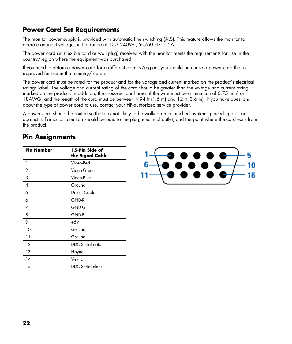 Power cord set requirements, Pin assignments | HP v216 21.6 inch LCD Monitor User Manual | Page 22 / 30