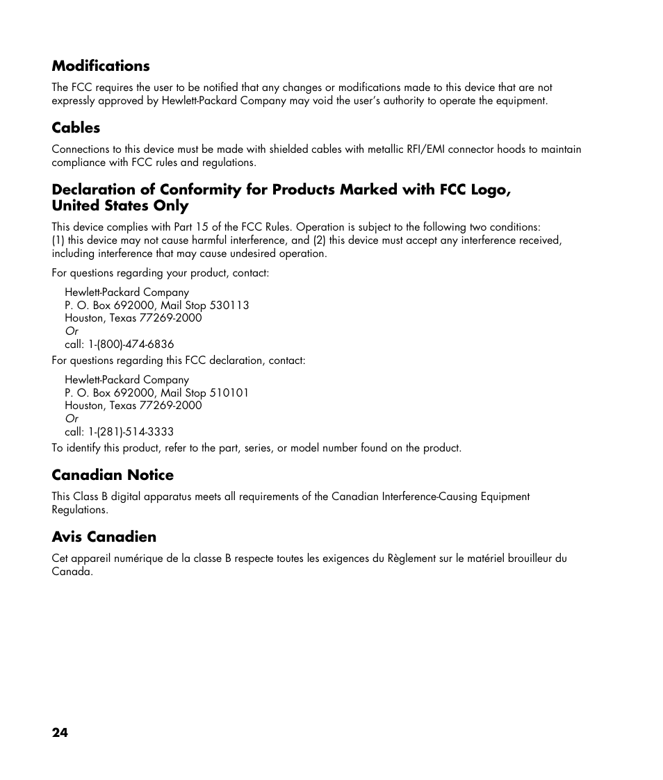 Modifications, Cables, Canadian notice | Avis canadien | HP v216 21.6 inch LCD Monitor User Manual | Page 24 / 30