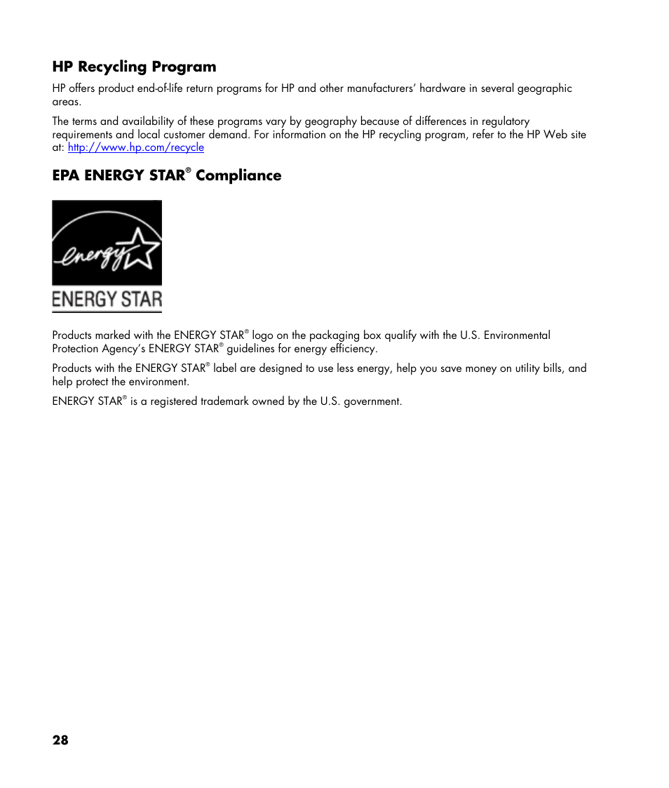 Hp recycling program, Epa energy star® compliance, Epa energy star | Compliance | HP v216 21.6 inch LCD Monitor User Manual | Page 28 / 30