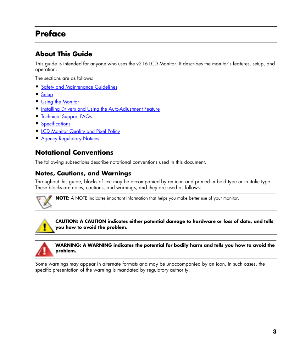 Preface, About this guide, Notational conventions | HP v216 21.6 inch LCD Monitor User Manual | Page 3 / 30