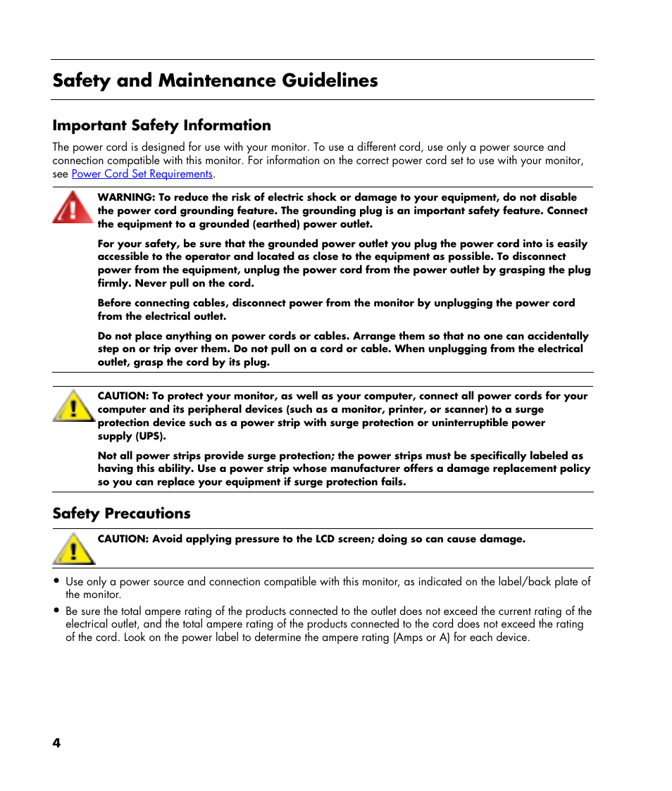 Safety and maintenance guidelines, Important safety information, Safety precautions | HP v216 21.6 inch LCD Monitor User Manual | Page 4 / 30