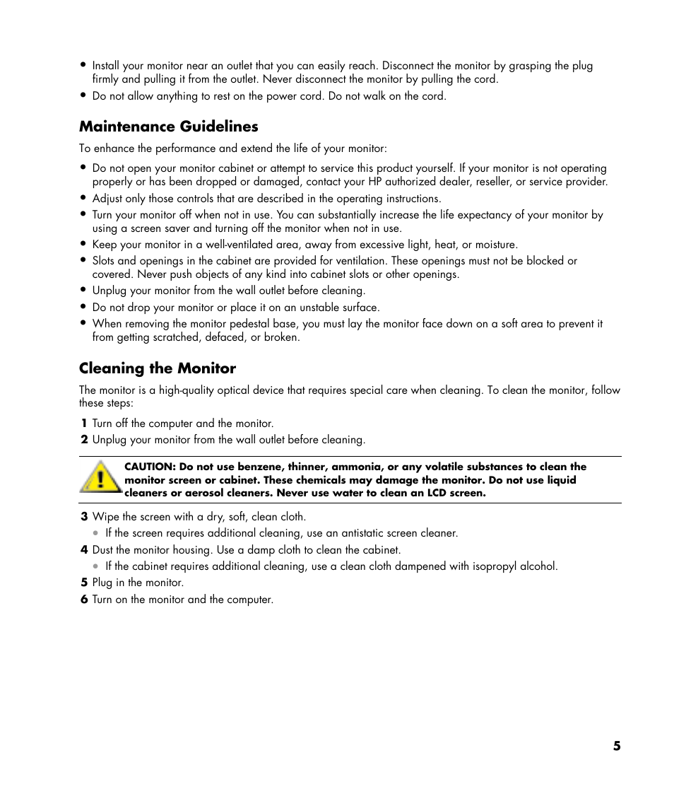 Maintenance guidelines, Cleaning the monitor | HP v216 21.6 inch LCD Monitor User Manual | Page 5 / 30