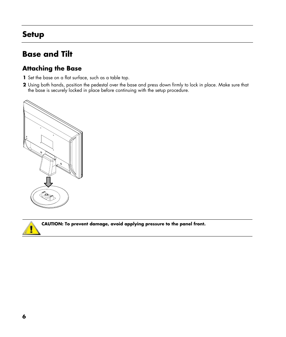 Setup, Base and tilt, Attaching the base | HP v216 21.6 inch LCD Monitor User Manual | Page 6 / 30