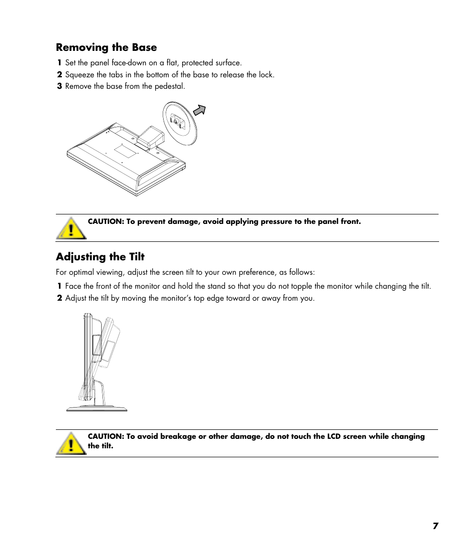 Removing the base, Adjusting the tilt | HP v216 21.6 inch LCD Monitor User Manual | Page 7 / 30