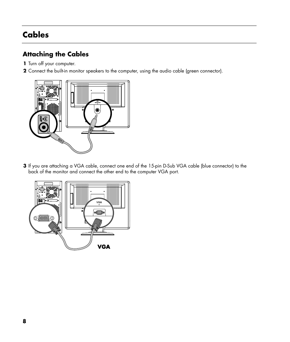 Cables, Attaching the cables | HP v216 21.6 inch LCD Monitor User Manual | Page 8 / 30
