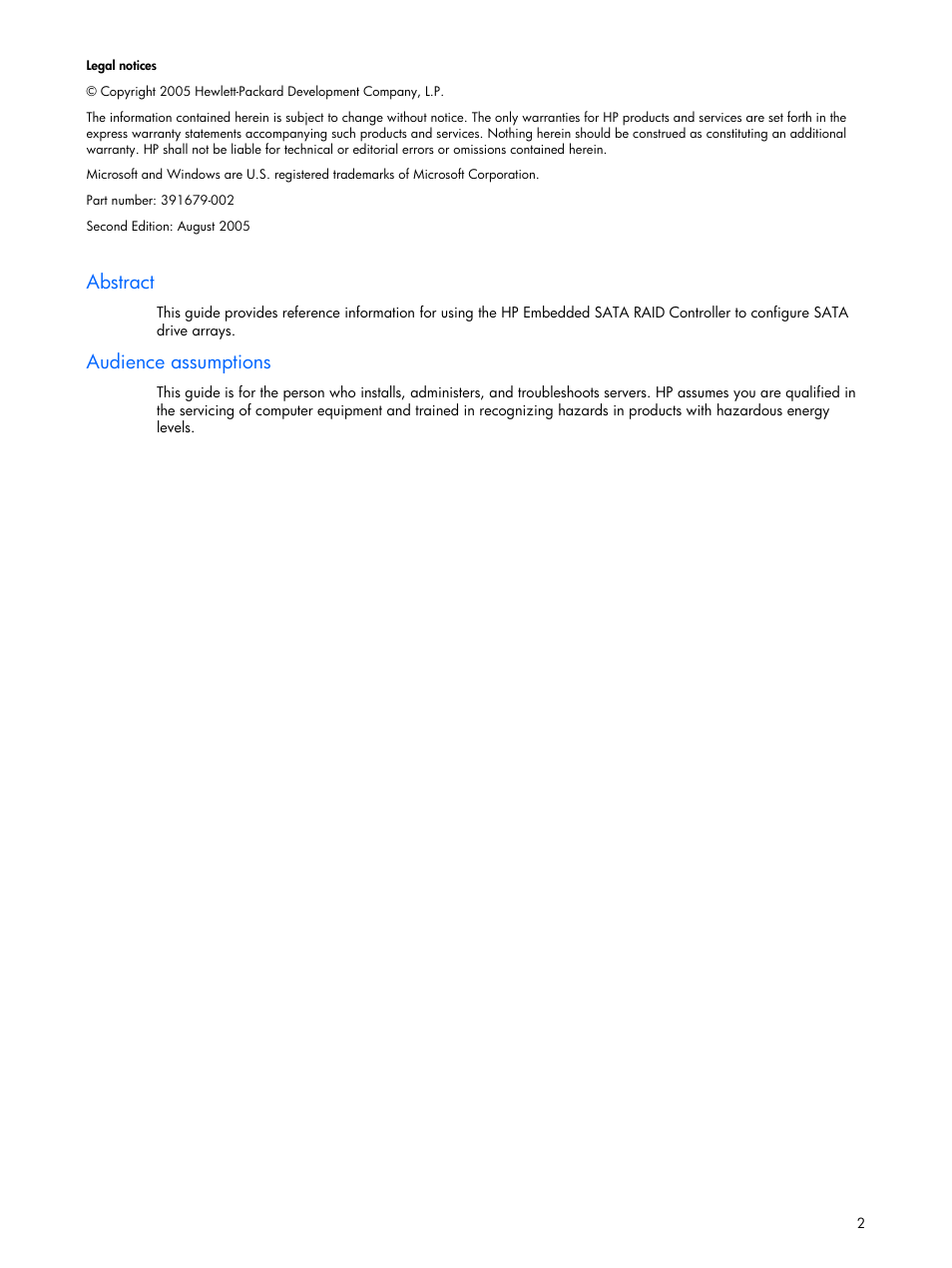 Notice, Abstract, Audience assumptions | HP 6 Port SATA RAID Controller User Manual | Page 2 / 8