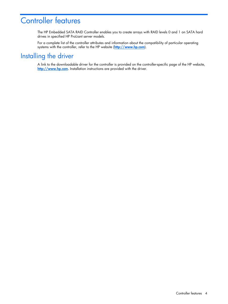 Controller features, Installing the driver | HP 6 Port SATA RAID Controller User Manual | Page 4 / 8
