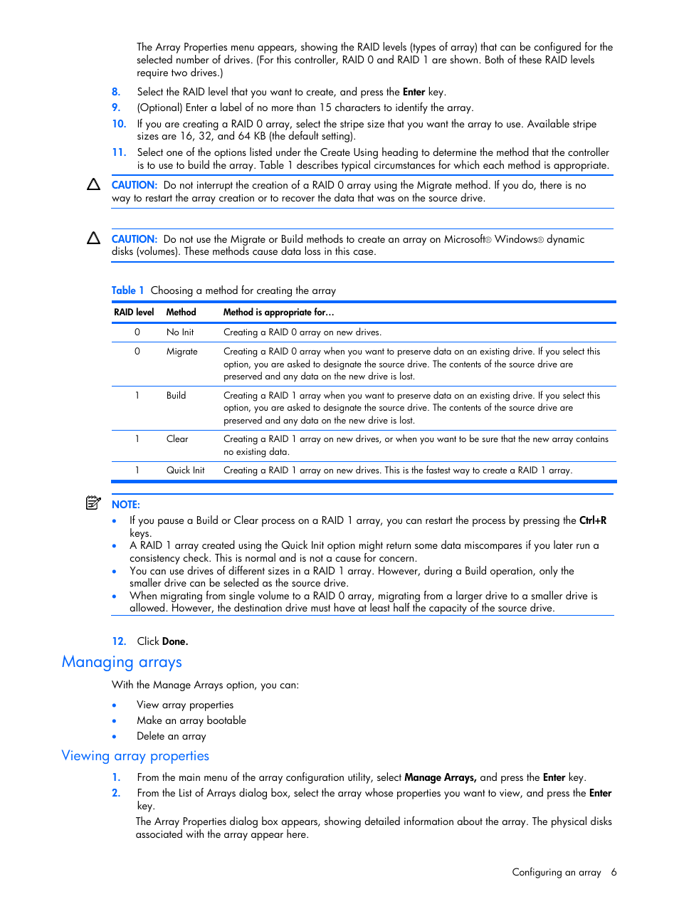 Managing arrays, Viewing array properties | HP 6 Port SATA RAID Controller User Manual | Page 6 / 8