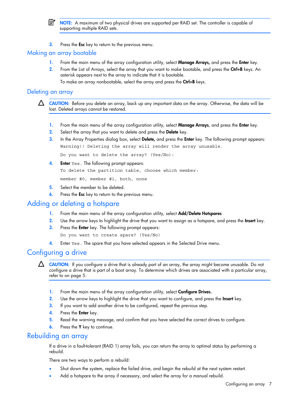 Making an array bootable, Deleting an array, Adding or deleting a hotspare | Configuring a drive, Rebuilding an array | HP 6 Port SATA RAID Controller User Manual | Page 7 / 8