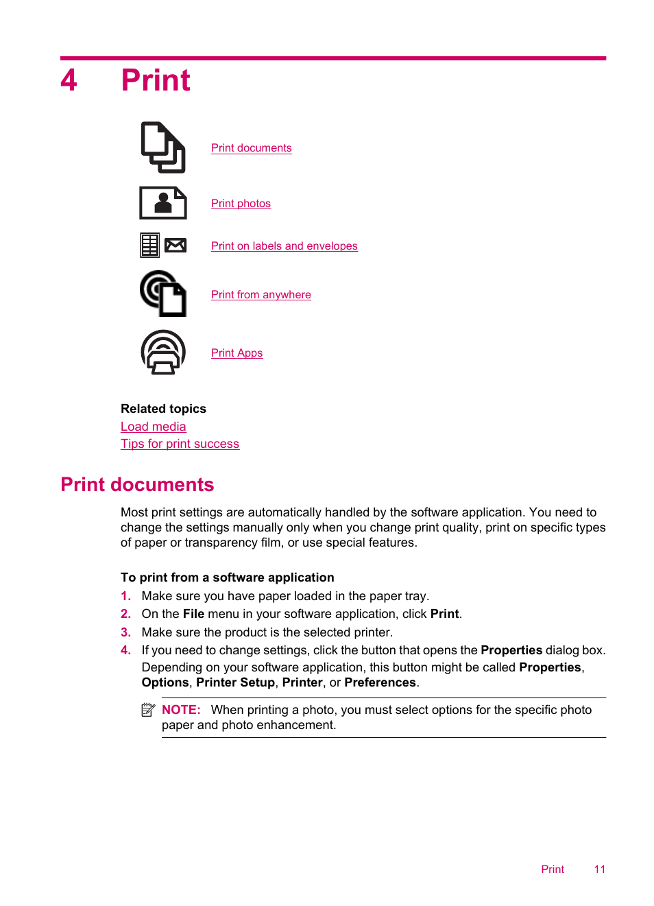 Print, 4 print, 4print | Print documents | HP ENVY 100 e-All-in-One Printer - D410b User Manual | Page 13 / 64