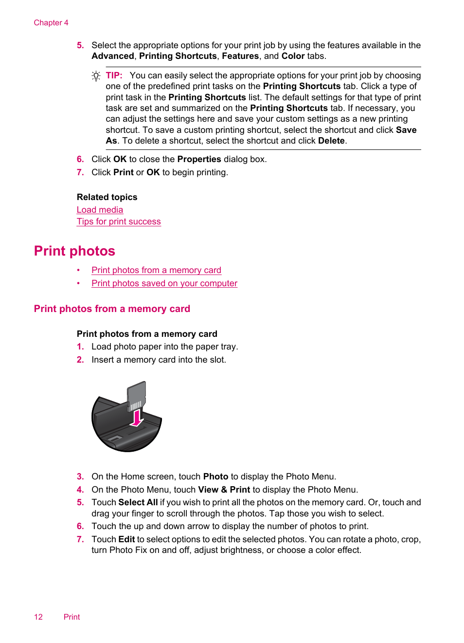 Print photos, Print photos from a memory card | HP ENVY 100 e-All-in-One Printer - D410b User Manual | Page 14 / 64