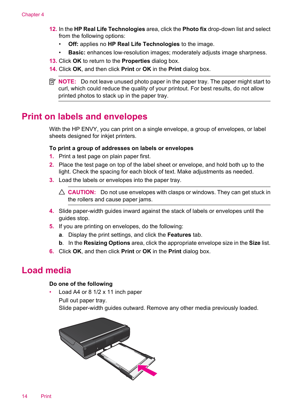 Load media, Print on labels and envelopes | HP ENVY 100 e-All-in-One Printer - D410b User Manual | Page 16 / 64