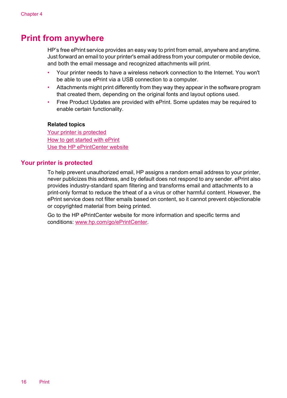 Print from anywhere, Your printer is protected | HP ENVY 100 e-All-in-One Printer - D410b User Manual | Page 18 / 64