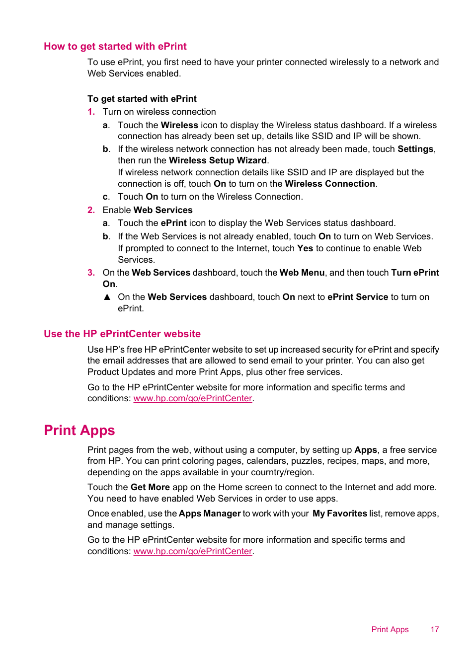 How to get started with eprint, Use the hp eprintcenter website, Print apps | HP ENVY 100 e-All-in-One Printer - D410b User Manual | Page 19 / 64