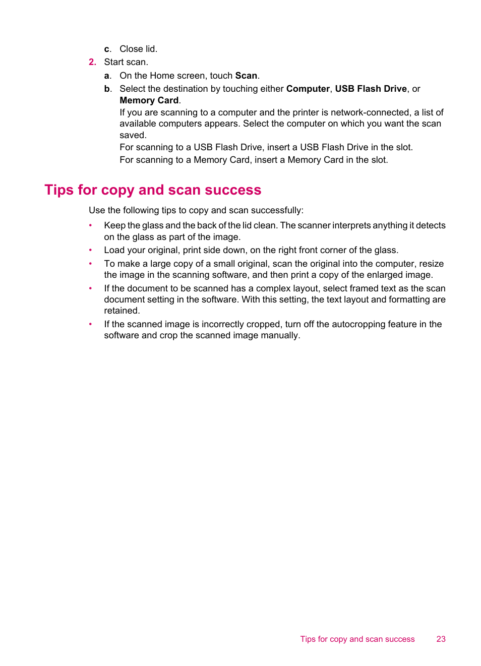 Tips for copy and scan success | HP ENVY 100 e-All-in-One Printer - D410b User Manual | Page 25 / 64