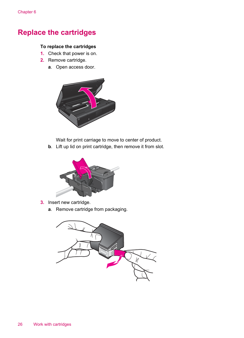 Replace the cartridges | HP ENVY 100 e-All-in-One Printer - D410b User Manual | Page 28 / 64