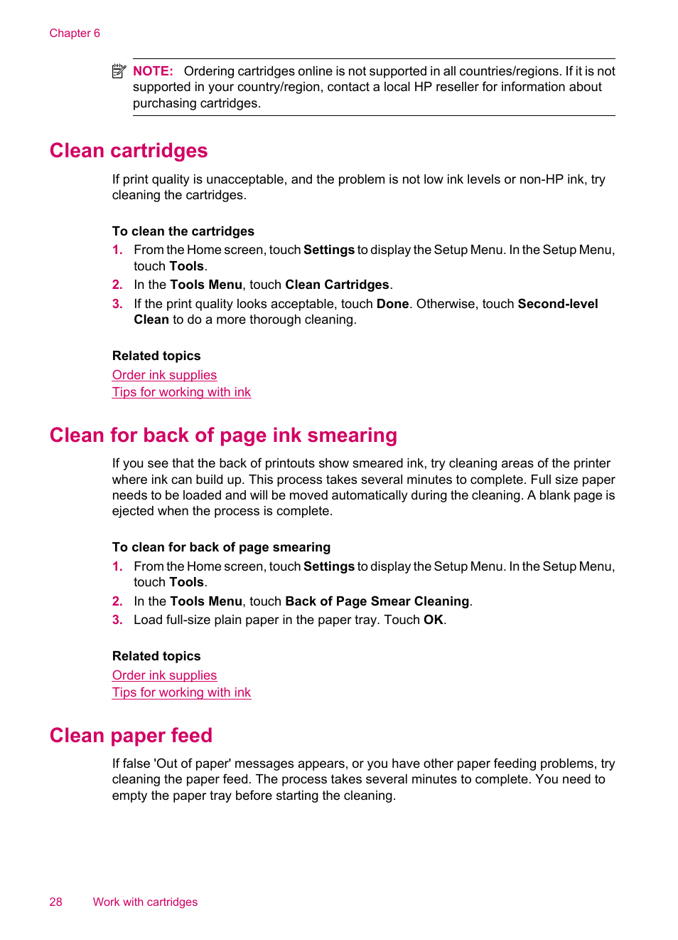 Clean cartridges, Clean paper feed, Clean for back of page ink smearing | HP ENVY 100 e-All-in-One Printer - D410b User Manual | Page 30 / 64