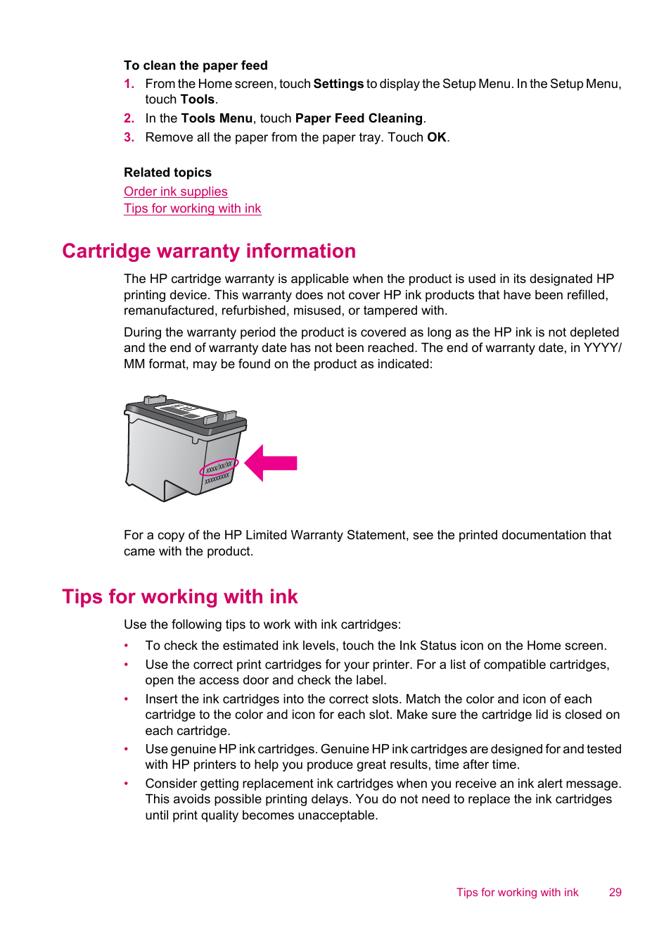 Cartridge warranty information, Tips for working with ink | HP ENVY 100 e-All-in-One Printer - D410b User Manual | Page 31 / 64