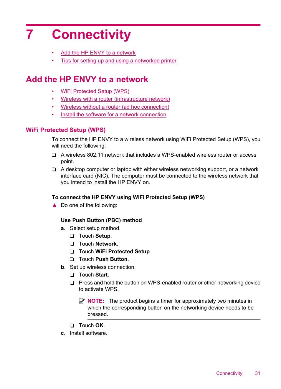 Connectivity, Add the hp envy to a network, Wifi protected setup (wps) | 7 connectivity, 7connectivity | HP ENVY 100 e-All-in-One Printer - D410b User Manual | Page 33 / 64