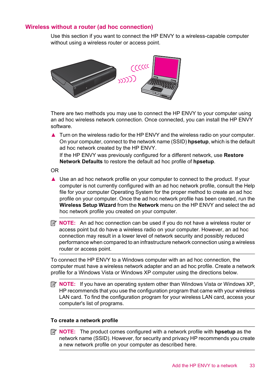 Wireless without a router (ad hoc connection) | HP ENVY 100 e-All-in-One Printer - D410b User Manual | Page 35 / 64